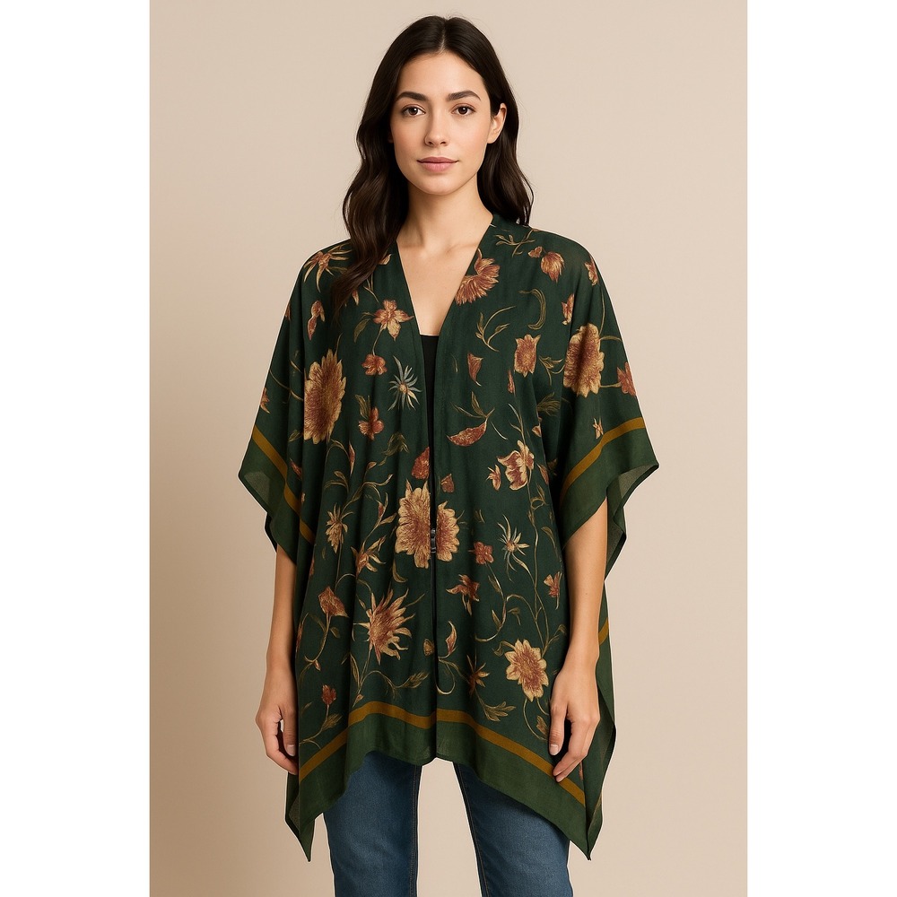 Woven Heart Kimono Cardigan Green Floral‎ Print One Size Lightweight